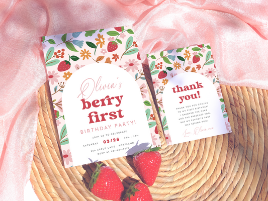 Retro Strawberry Berry First Birthday Party Invitation Bundle