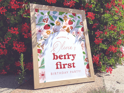 Retro Strawberry Berry First Birthday Party Invitation Bundle