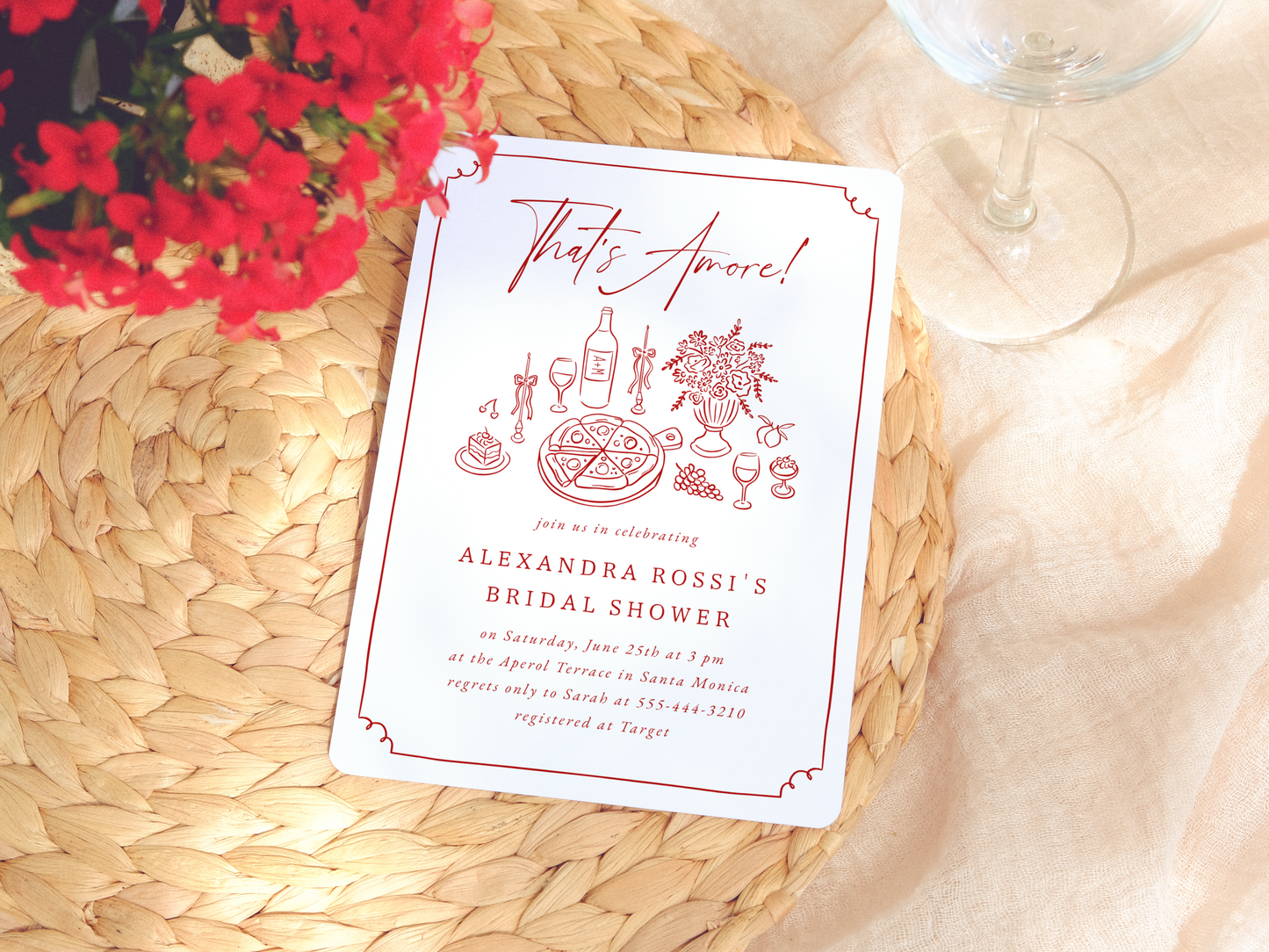 That's Amore Whimsical Hand Drawn Italian Pizza & Wine Bridal Shower Invitation