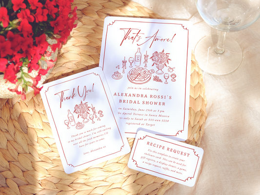 Whimsical Hand Drawn Pizza & Wine Bridal Shower Invitation Bundle