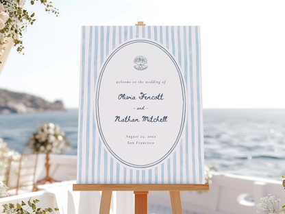 Whimsical Retro Blue Stripes Coastal Wedding Invitation Suite