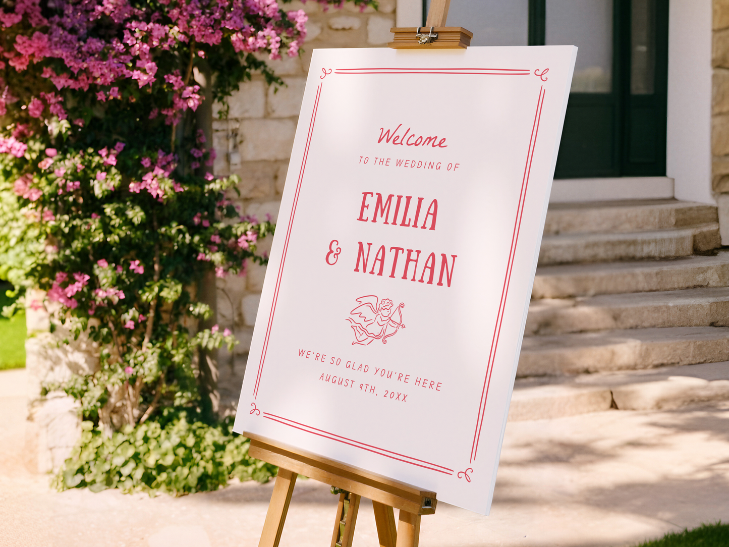 Retro Love Struck Hand Drawn Cupid Photo Wedding Invitation Suite
