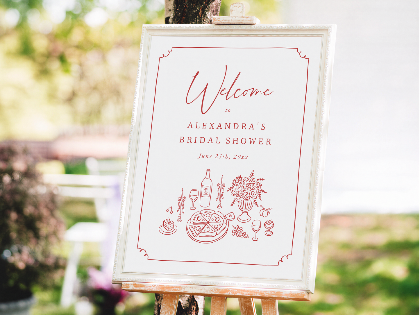 Whimsical Hand Drawn Pizza & Wine Bridal Shower Invitation Bundle
