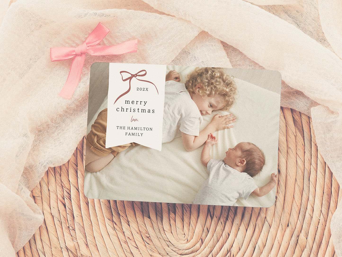 Whimsical Bow Red Ribbon Christmas Holiday Photo Card