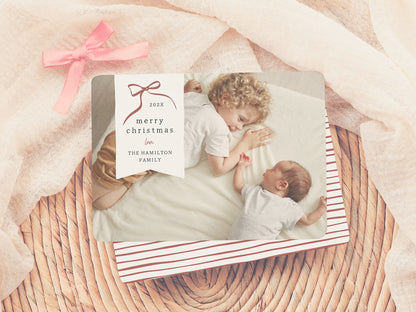 Whimsical Bow Red Ribbon Christmas Holiday Photo Card
