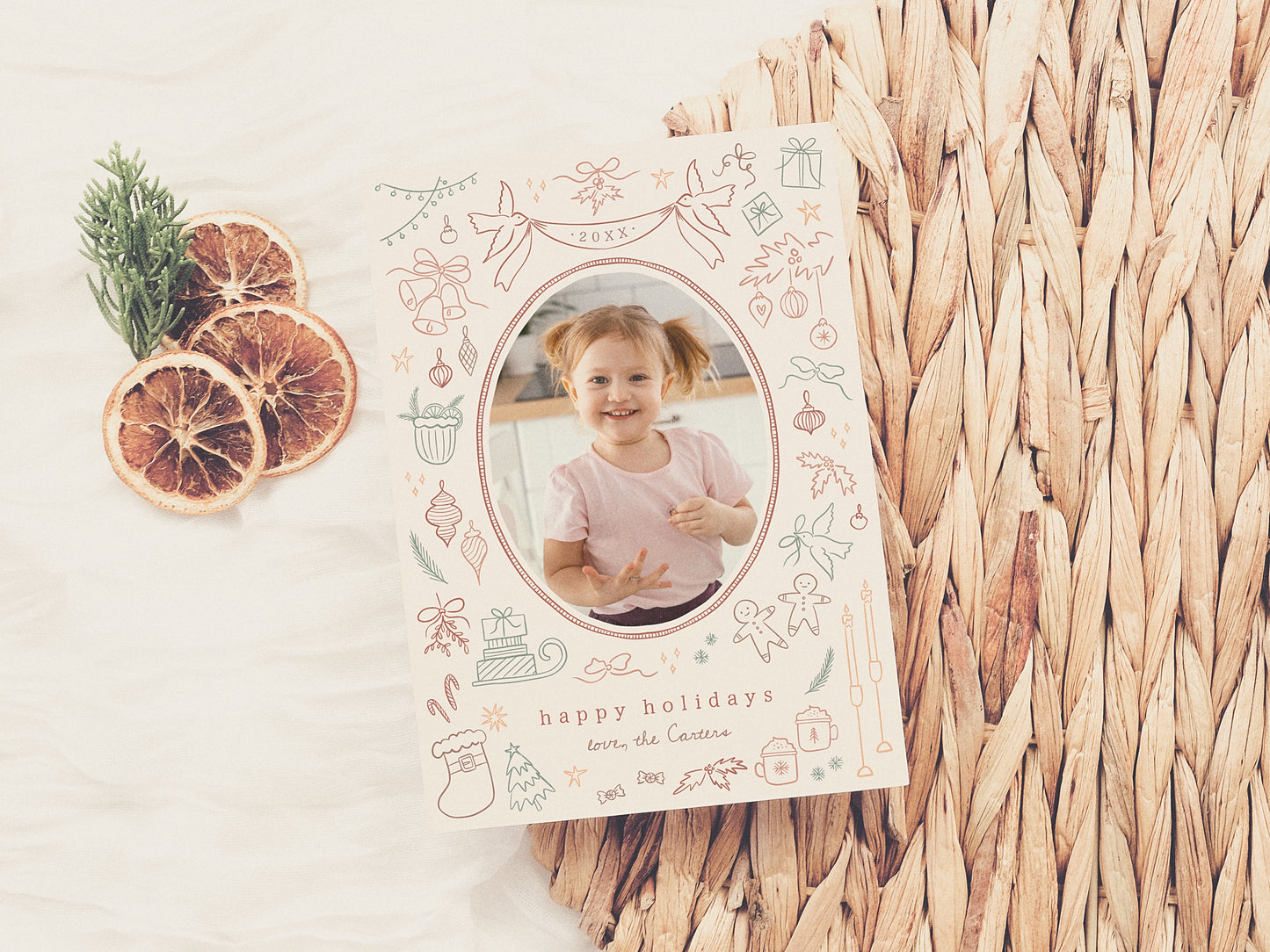 Whimsical Doodle Modern Christmas Holiday Photo Card