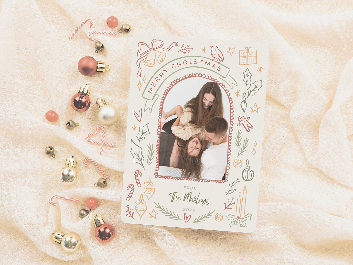 Whimsical Retro Christmas Illustrations Arch Photo Holiday Card