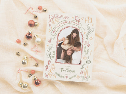 Whimsical Retro Christmas Illustrations Arch Photo Holiday Card