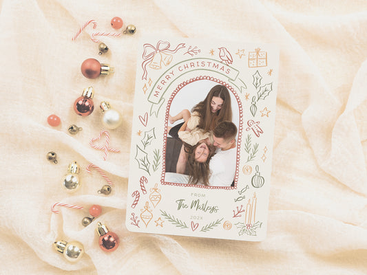 Whimsical Retro Christmas Illustrations Arch Photo Holiday Card