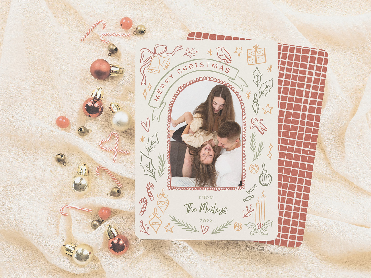 Whimsical Retro Christmas Illustrations Arch Photo Holiday Card