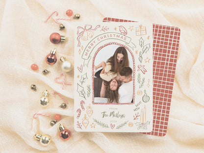 Whimsical Retro Christmas Illustrations Arch Photo Holiday Card