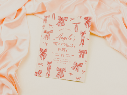 Whimsical Pink Bows Girl Birthday Party Invitation Bundle