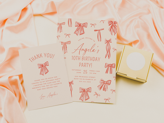Whimsical Pink Bows Girl Birthday Party Invitation Bundle