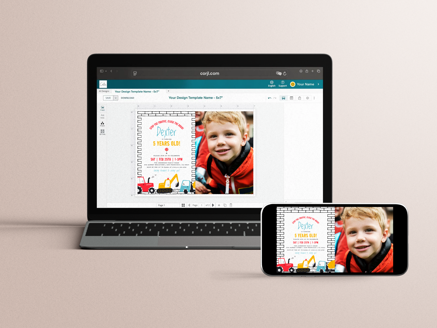 Construction Vehicles Boy Birthday Party Invitation