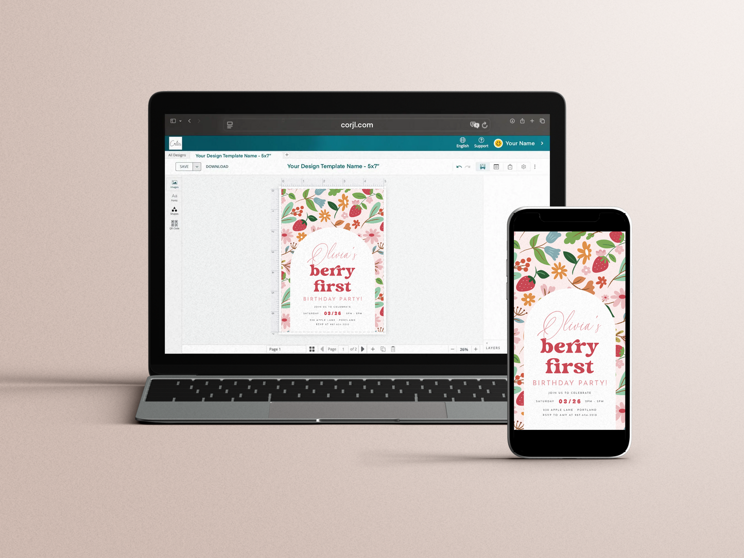 Retro Strawberry Berry First Birthday Party Invitation Bundle