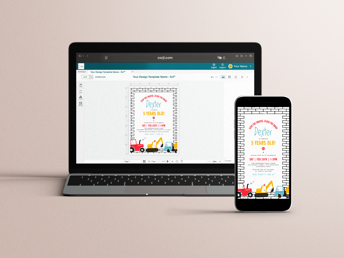 Construction Vehicles Boy Birthday Party Invitation