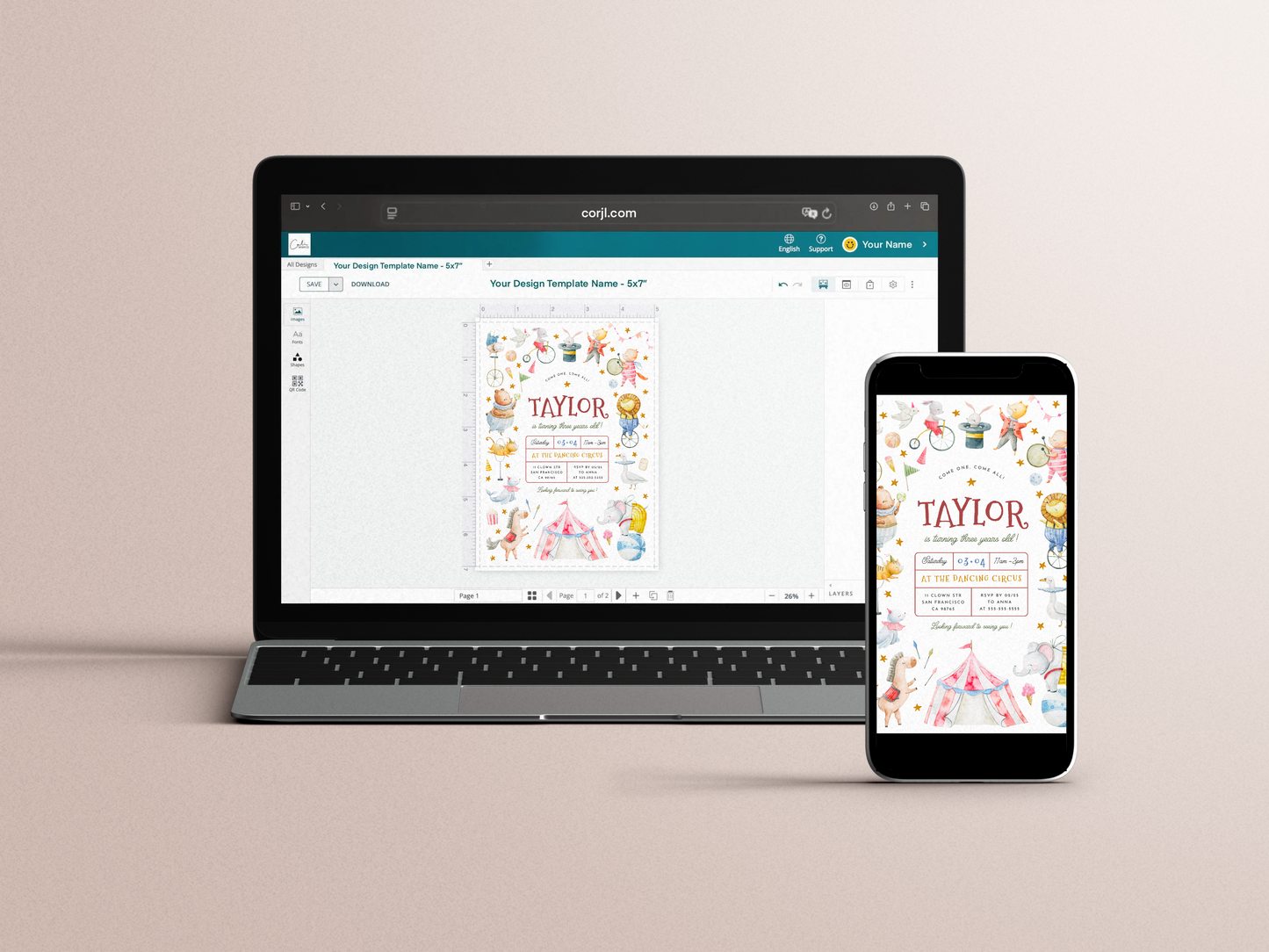 Animal Circus Watercolor Carnival Birthday Party Invitation