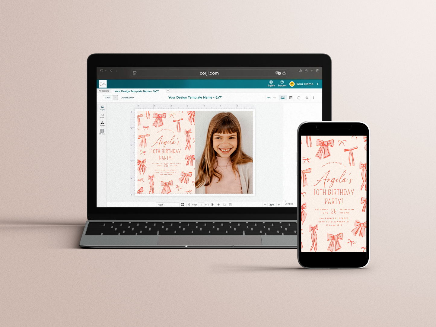 Whimsical Pink Bows Girl Birthday Party Invitation Bundle