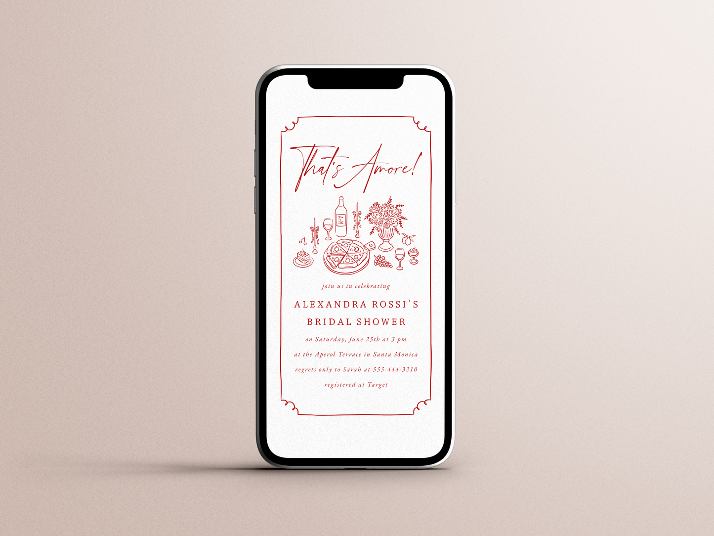 That's Amore Whimsical Hand Drawn Italian Pizza & Wine Bridal Shower Invitation