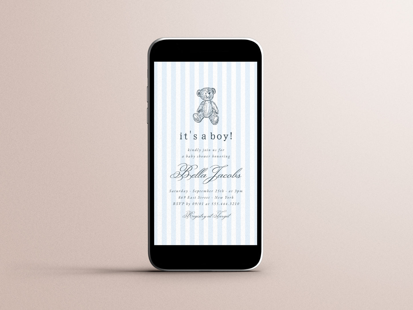 Preppy Vintage Teddy Bear Boy Baby Shower Invitation Bundle