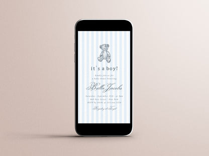 Preppy Vintage Teddy Bear Boy Baby Shower Invitation Bundle