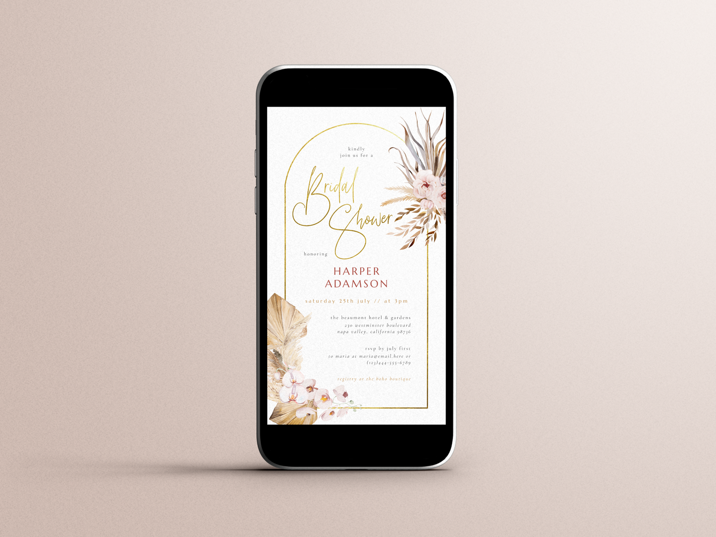Pampas Grass & Gold Arch Boho Floral Bridal Shower