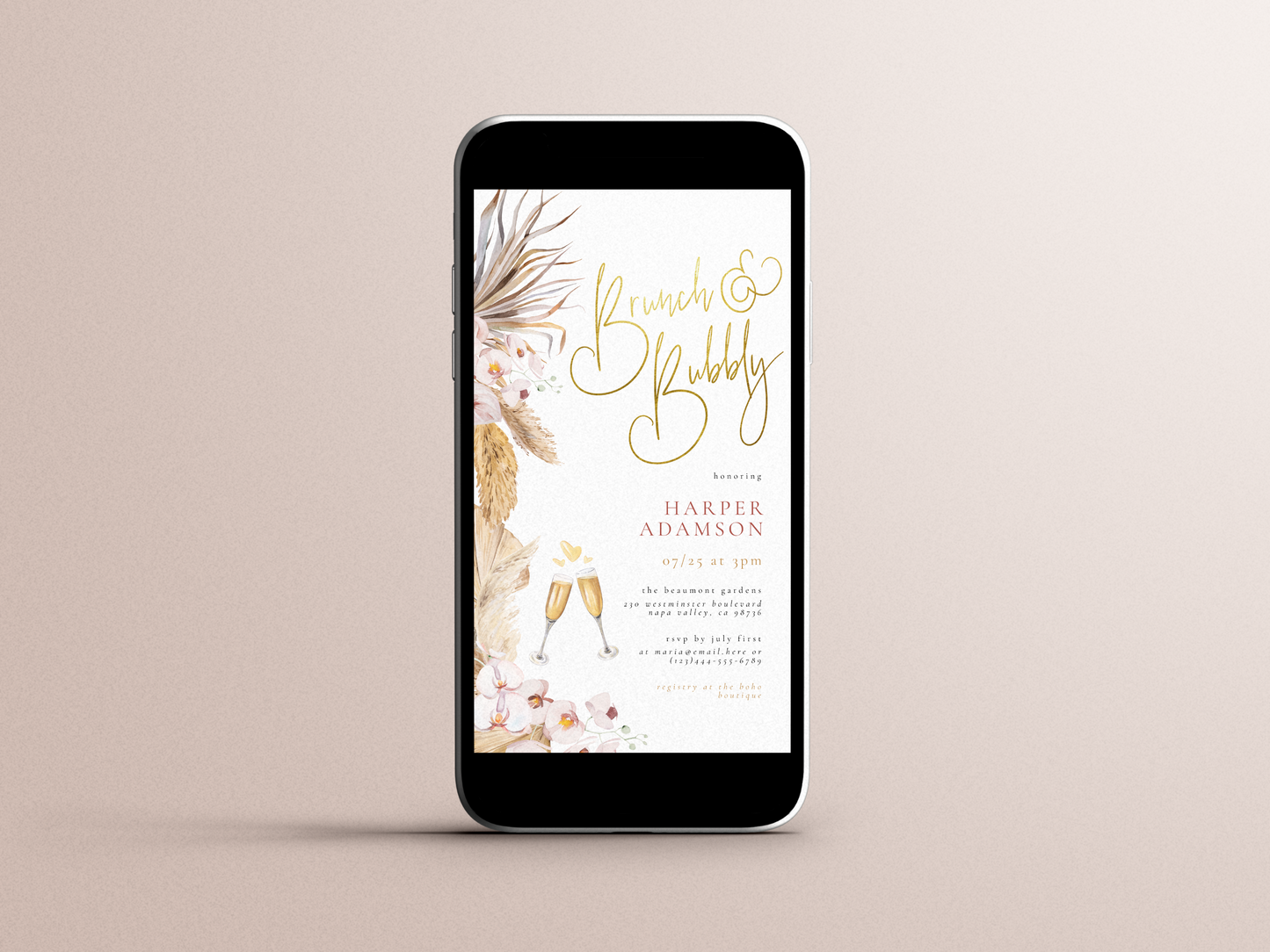 Boho Floral Pampas Grass Bridal Shower Invitation