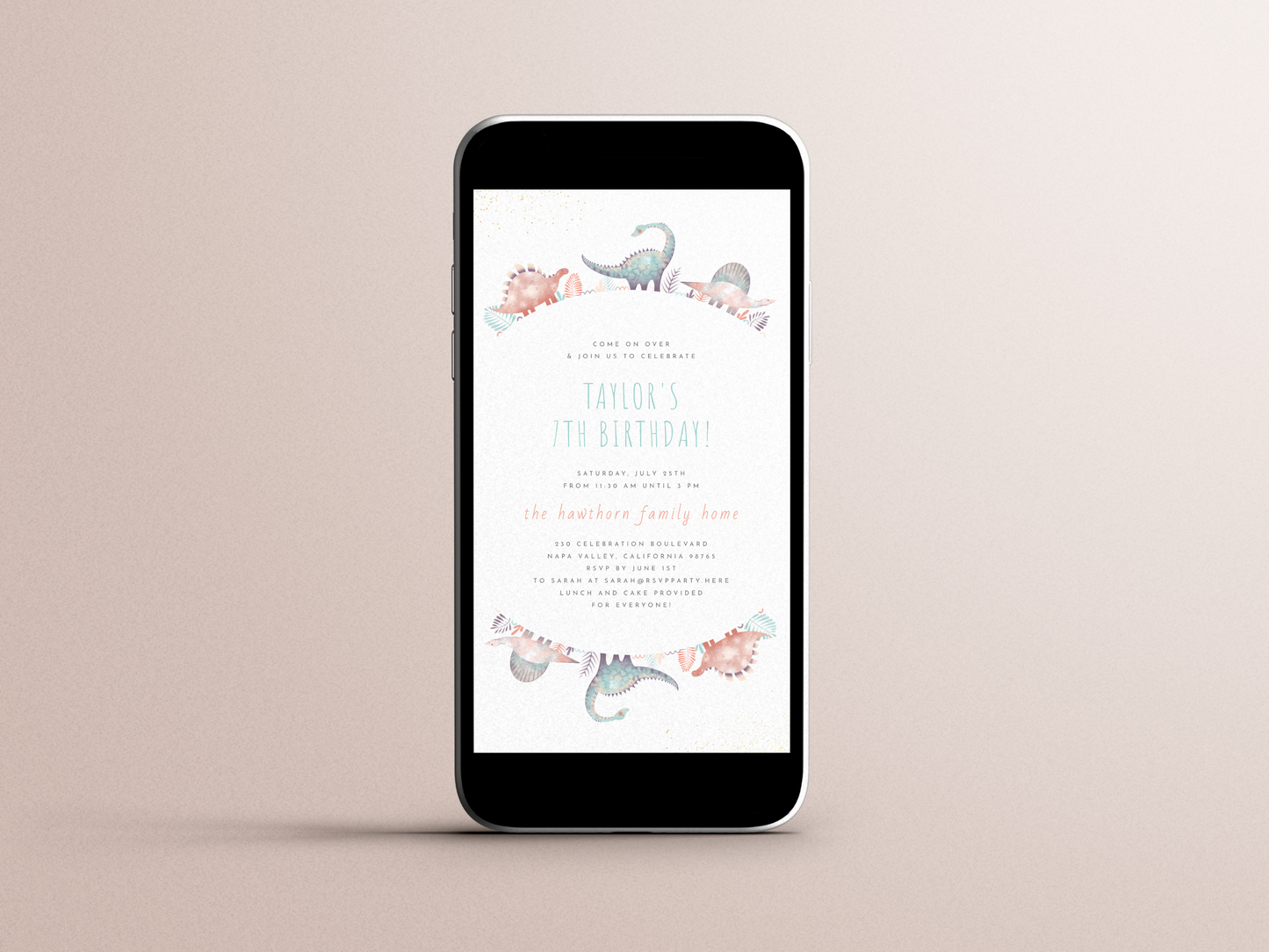 Turquoise & Gold Girl Dinosaur Birthday Party Invitation