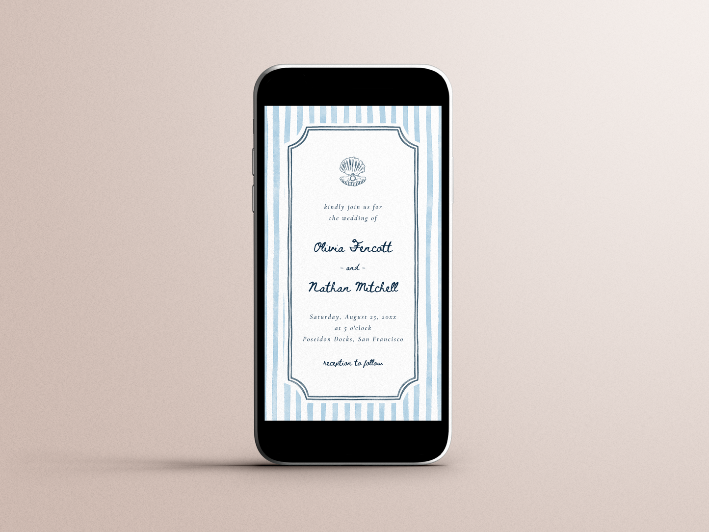 Whimsical Retro Blue Stripes Coastal Photo Wedding Invitation