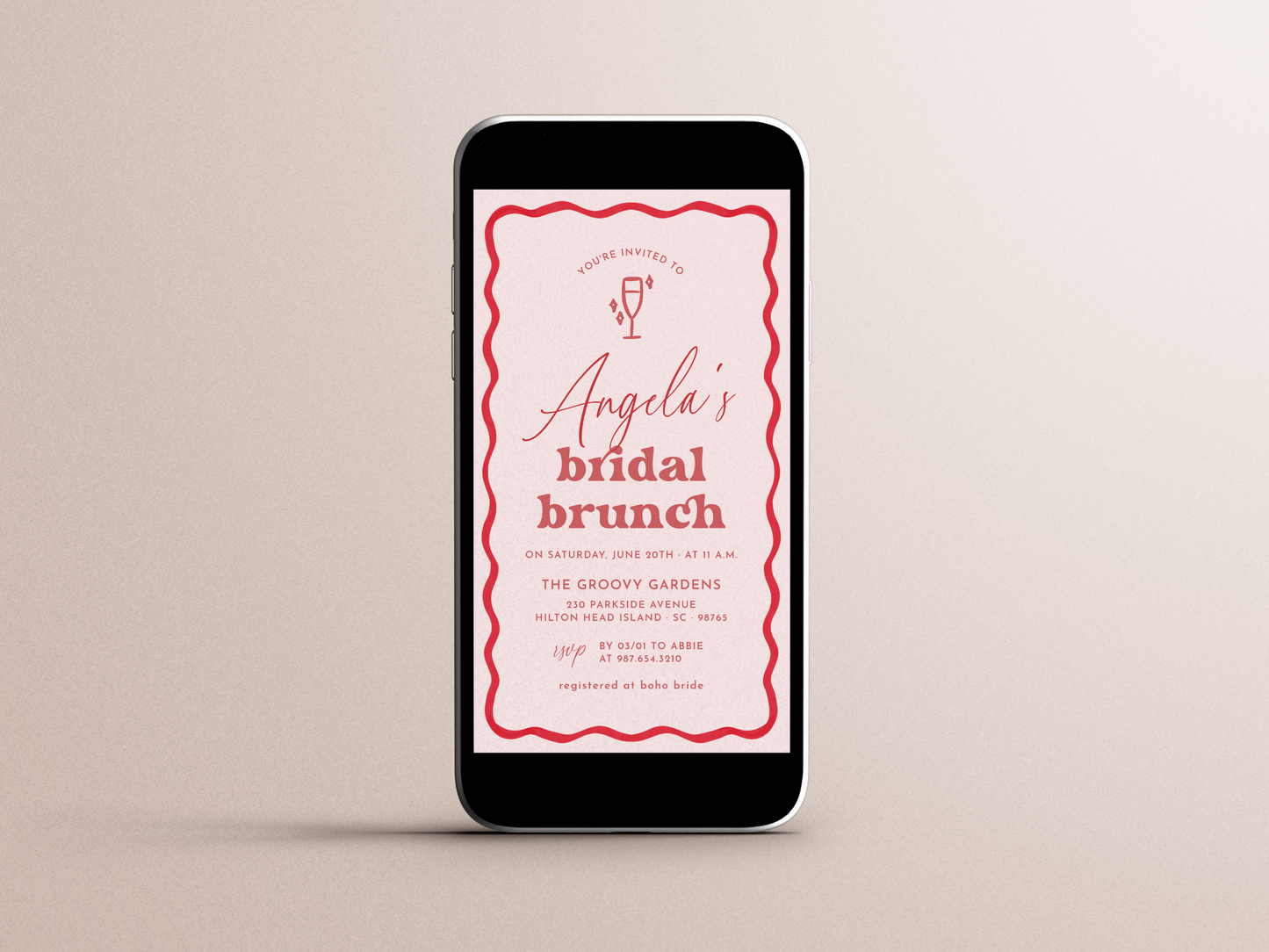 Wavy Pink Retro Bridal Brunch Invitation